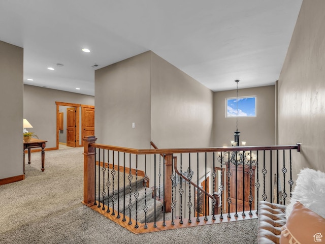 2894 E Cobblemoor Ln, Sandy, UT 84093 - corridor with an upstairs landing, carpet, baseboards, recessed lighting, and a chandelier