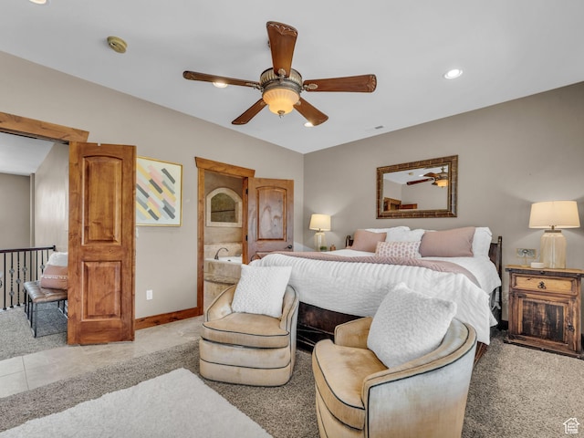2894 E Cobblemoor Ln, Sandy, UT 84093 - bedroom featuring baseboards, recessed lighting, light tile patterned floors, and ceiling fan