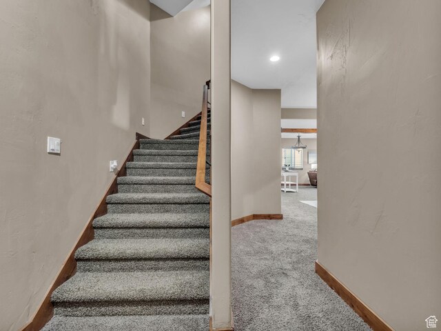 2894 E Cobblemoor Ln, Sandy, UT 84093 - staircase featuring baseboards and carpet