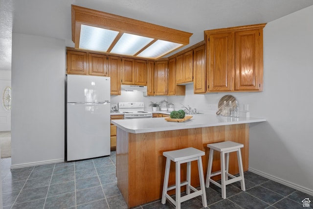 58 S 900 E, Spanish Fork, UT 84660 - kitchen featuring white appliances, a peninsula, light countertops, under cabinet range hood, and baseboards