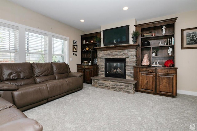225 E 620 S, Smithfield, UT 84335 - living room with light carpet, a fireplace, recessed lighting, and baseboards
