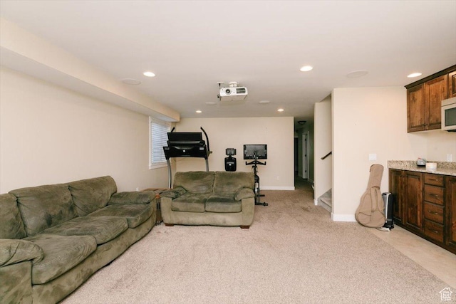 225 E 620 S, Smithfield, UT 84335 - living area featuring light colored carpet, recessed lighting, stairway, and baseboards