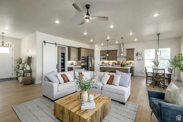 1104 N Windflower Ln Unit 127, Grantsville, UT 84029 - living area with light wood-style flooring, a ceiling fan, a barn door, baseboards, and a textured ceiling