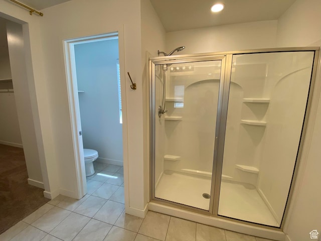 2132 N Elderberry Dr W, Saratoga Springs, UT 84045 - bathroom with a stall shower, toilet, baseboards, tile patterned floors, and recessed lighting