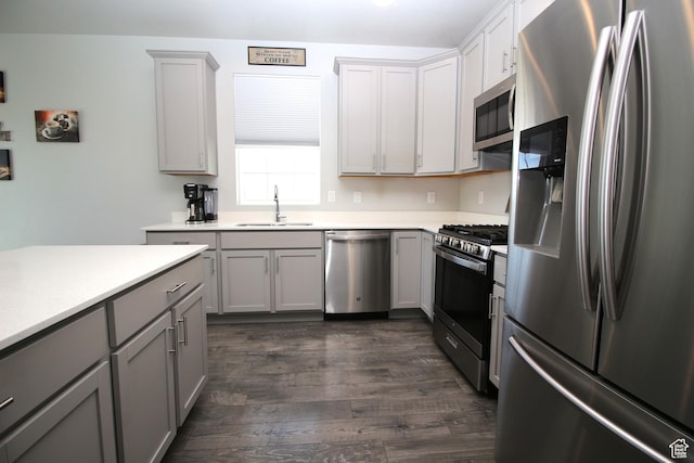 1457 W 400 S, Syracuse, UT 84075 - kitchen with stainless steel appliances, a sink, gray cabinetry, dark wood-style floors, and light countertops