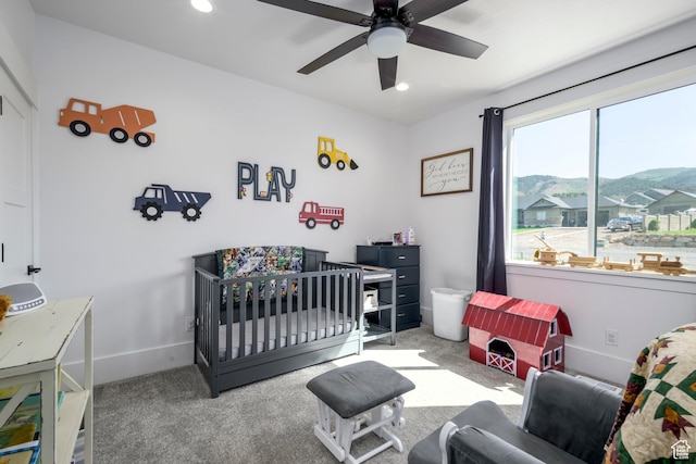 19722 Elkhorn Cir, Birdseye, UT 84629 - bedroom featuring carpet flooring, baseboards, a crib, recessed lighting, and a mountain view