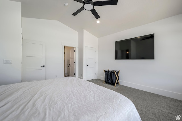 19722 Elkhorn Cir, Birdseye, UT 84629 - carpeted bedroom featuring lofted ceiling, baseboards, and a ceiling fan