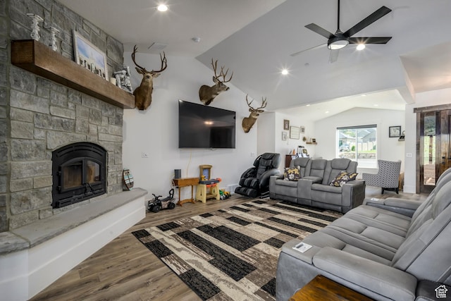 19722 Elkhorn Cir, Birdseye, UT 84629 - living area with vaulted ceiling, wood finished floors, recessed lighting, ceiling fan, and a fireplace