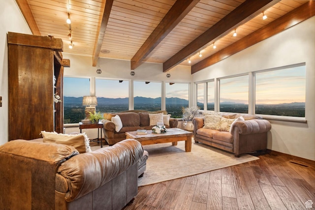 4774 S Oak Terrace Dr, Millcreek, UT 84124 - living area with track lighting, a mountain view, hardwood / wood-style flooring, and wood ceiling