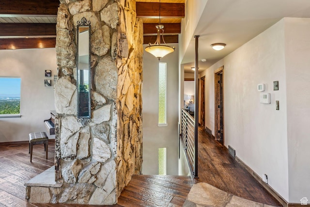 4774 S Oak Terrace Dr, Millcreek, UT 84124 - corridor with wood finished floors and wooden ceiling with exposed beams