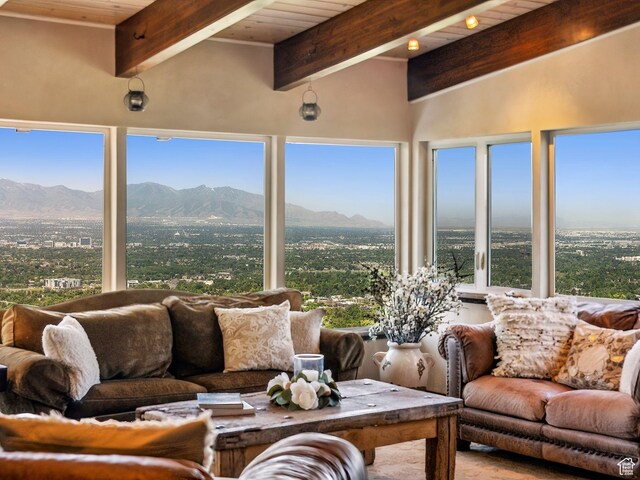 4774 S Oak Terrace Dr, Millcreek, UT 84124 - living room with a mountain view and wood ceiling with exposed beams