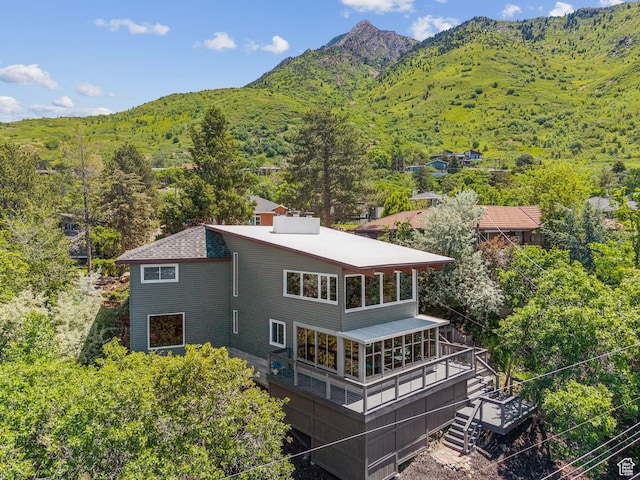 4774 S Oak Terrace Dr, Millcreek, UT 84124 - rear view of house featuring stairs, a mountain view, and a forest view