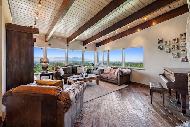 4774 S Oak Terrace Dr, Millcreek, UT 84124 - living room featuring hardwood / wood-style floors, wood ceiling with exposed beams, a mountain view, and baseboards