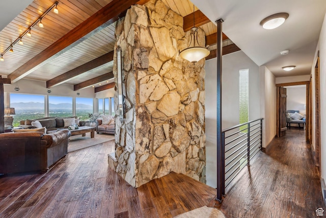 4774 S Oak Terrace Dr, Millcreek, UT 84124 - hall featuring wood-type flooring, rail lighting, wooden ceiling, a mountain view, and an upstairs landing