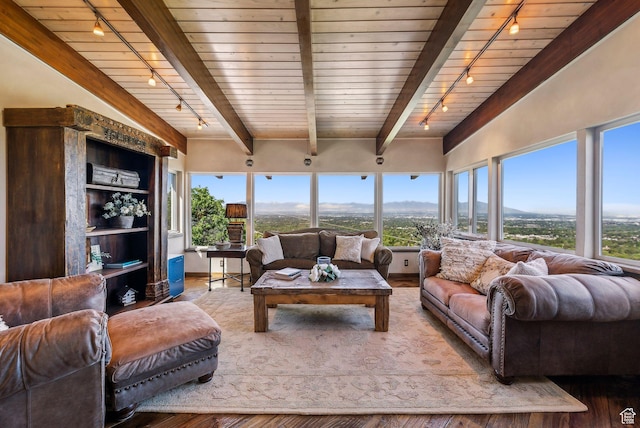 4774 S Oak Terrace Dr, Millcreek, UT 84124 - living room with rail lighting, wood ceiling with exposed beams, wood finished floors, and plenty of natural light