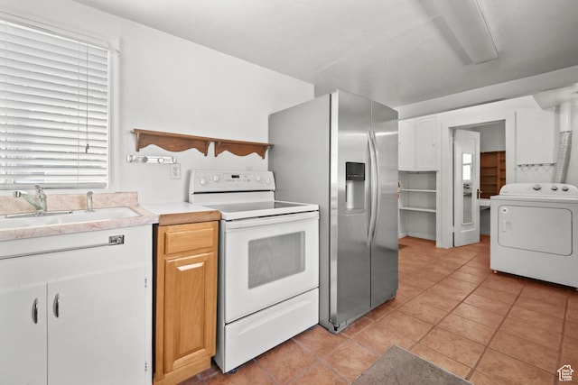 665 S Emery St W, Salt Lake City, UT 84104 - kitchen with washer / clothes dryer, white electric range, a sink, stainless steel fridge with ice dispenser, and light tile patterned floors