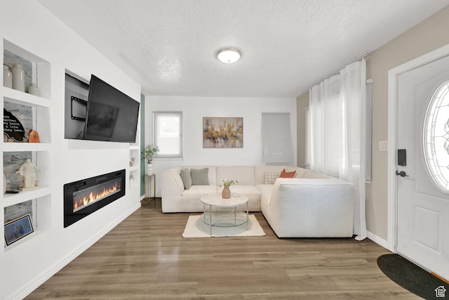 2883 S Brinker Ave E, Ogden, UT 84403 - living room featuring a textured ceiling, a glass covered fireplace, wood finished floors, and built in shelves