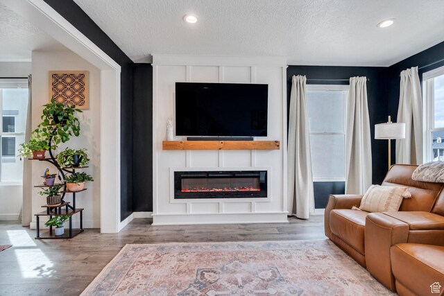 6439 W S Jordan Pkwy, South Jordan, UT 84009 - living area with a textured ceiling, wood finished floors, a large fireplace, recessed lighting, and baseboards