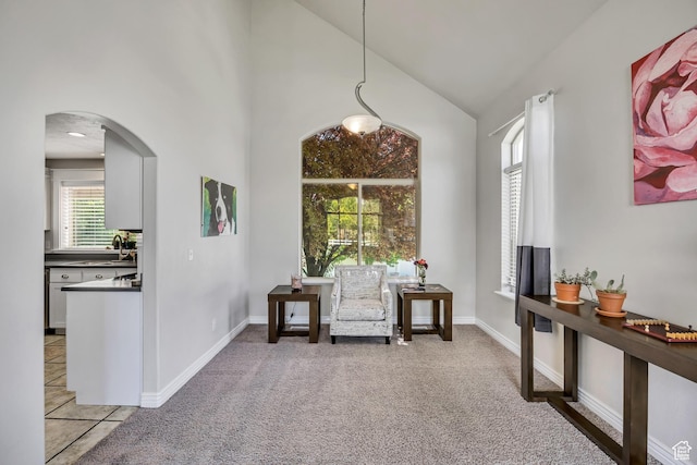 1162 E 1180 N, American Fork, UT 84003 - living area with arched walkways, high vaulted ceiling, baseboards, and light colored carpet