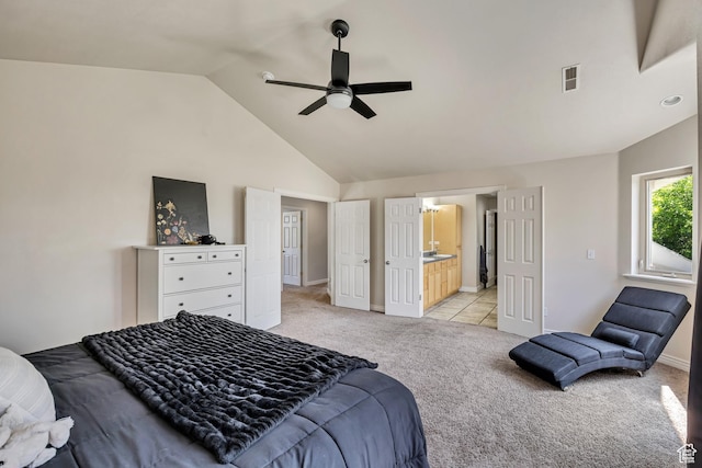 1162 E 1180 N, American Fork, UT 84003 - bedroom with light carpet, baseboards, a ceiling fan, ensuite bathroom, and high vaulted ceiling