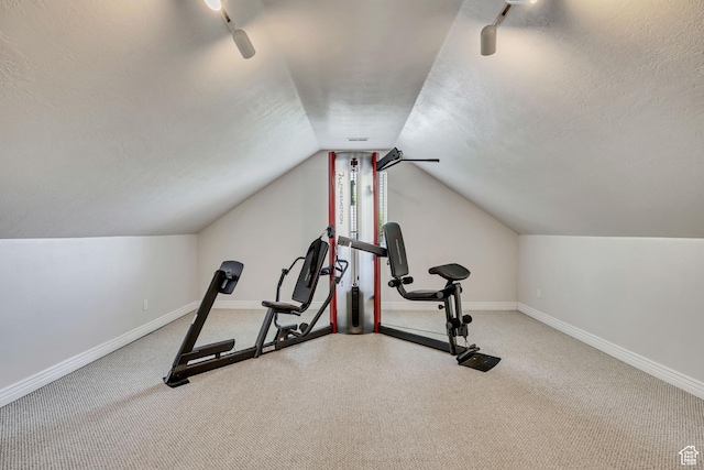 1162 E 1180 N, American Fork, UT 84003 - exercise room featuring a textured ceiling, vaulted ceiling, baseboards, and carpet floors