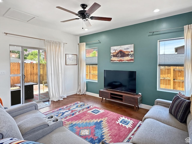 1005 S Valley View Ct, Moab, UT 84532 - living room featuring attic access, recessed lighting, baseboards, and a ceiling fan