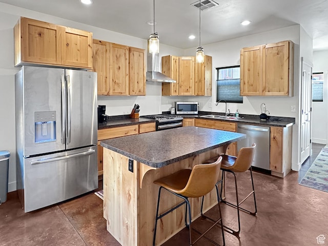1005 S Valley View Ct, Moab, UT 84532 - kitchen featuring stainless steel appliances, a sink, concrete flooring, wall chimney range hood, and dark countertops