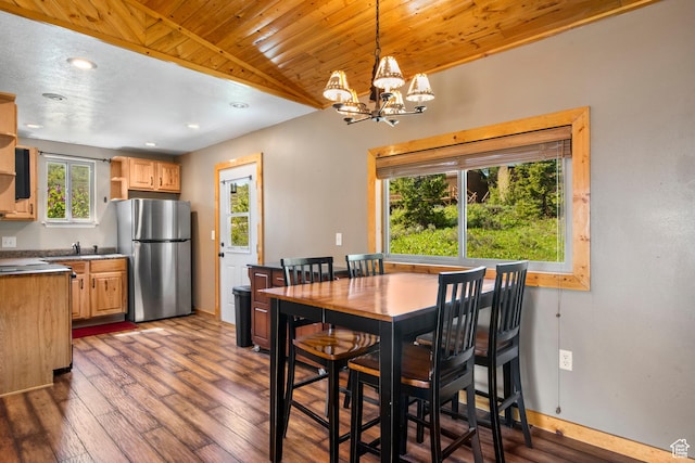 1235 Lakeview Dr, Garden City, UT 84028 - dining space with a chandelier, wood ceiling, dark wood-style floors, recessed lighting, and baseboards