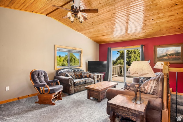 1235 Lakeview Dr, Garden City, UT 84028 - carpeted living area with wood ceiling, vaulted ceiling, and a ceiling fan