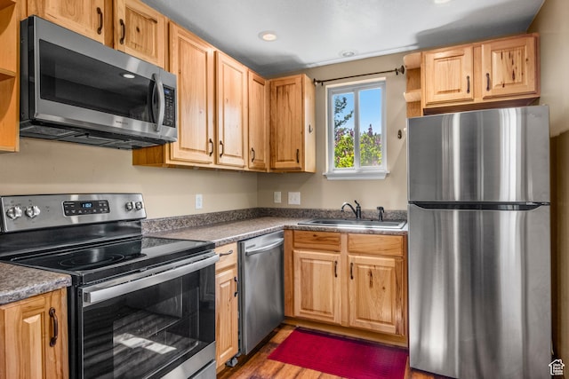 1235 Lakeview Dr, Garden City, UT 84028 - kitchen with appliances with stainless steel finishes, a sink, open shelves, wood finished floors, and dark countertops