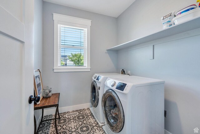 11221 S Prosperity Rd, South Jordan, UT 84009 - laundry room featuring washer and dryer, baseboards, and light tile patterned floors