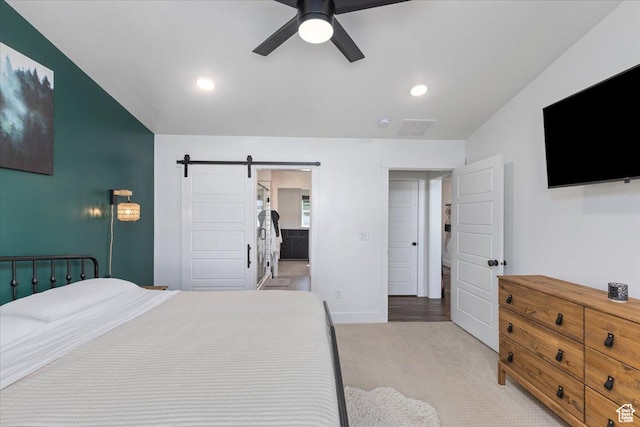 325 W 3170 S, Nibley, UT 84321 - bedroom with a barn door, light carpet, baseboards, recessed lighting, and a ceiling fan