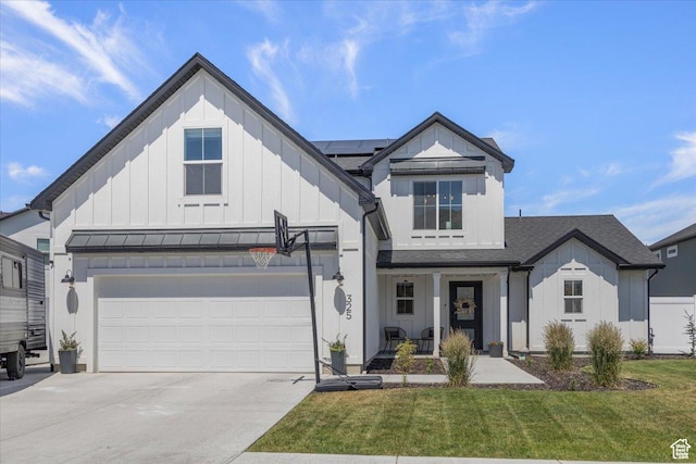 325 W 3170 S, Nibley, UT 84321 - modern farmhouse with board and batten siding, solar panels, a porch, and a front yard