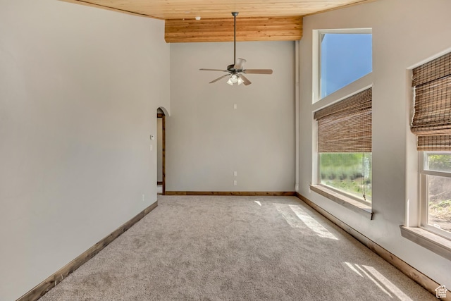 1675 S Beaver Bench Rd E Unit 1417, Heber City, UT 84032 - unfurnished room with wooden ceiling, arched walkways, carpet floors, a ceiling fan, and a towering ceiling