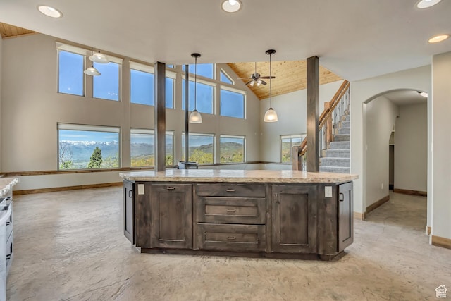 1675 S Beaver Bench Rd E Unit 1417, Heber City, UT 84032 - kitchen with baseboards, dark brown cabinetry, a ceiling fan, pendant lighting, and recessed lighting