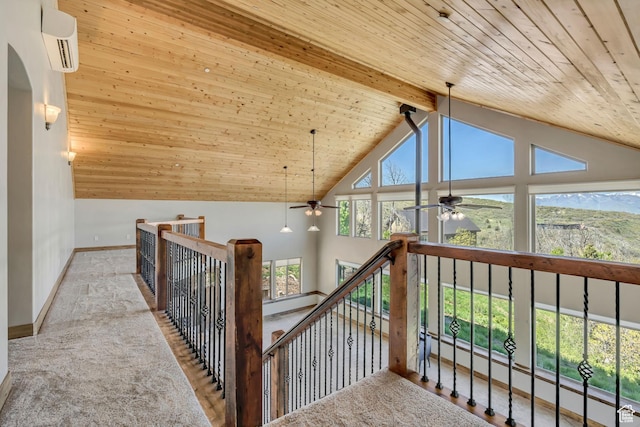 1675 S Beaver Bench Rd E Unit 1417, Heber City, UT 84032 - stairway with wood ceiling with exposed beams, a ceiling fan, an AC wall unit, high vaulted ceiling, and baseboard heating