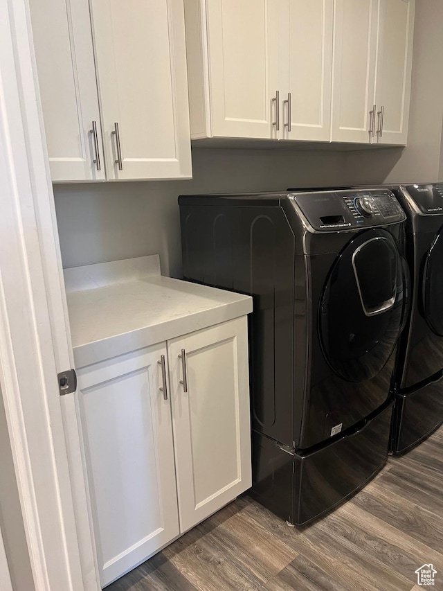 3256 W Harvest Chase Dr, South Jordan, UT 84095 - laundry area with washing machine and clothes dryer, cabinet space, and dark wood finished floors