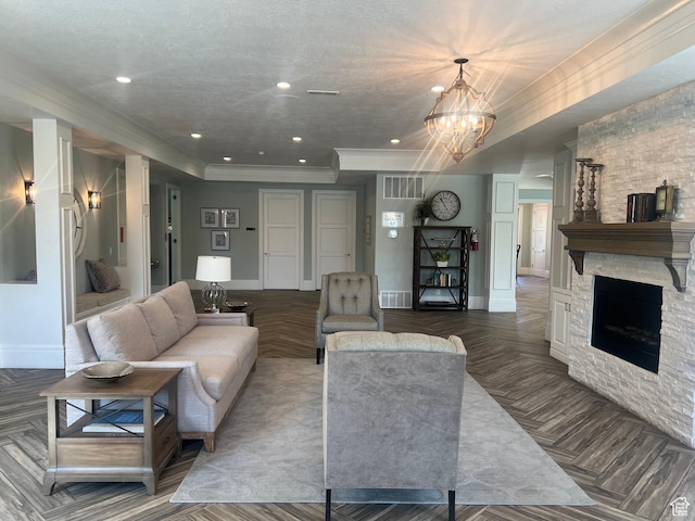 3256 W Harvest Chase Dr, South Jordan, UT 84095 - living room featuring a chandelier, baseboards, crown molding, and a stone fireplace