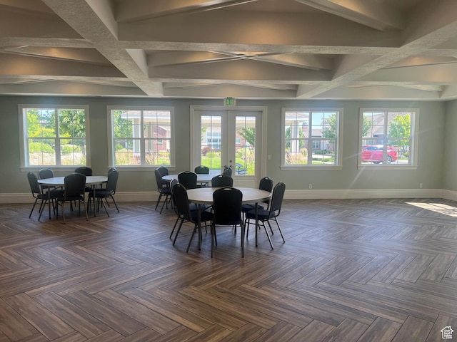 3256 W Harvest Chase Dr, South Jordan, UT 84095 - dining room with baseboards, healthy amount of natural light, french doors, coffered ceiling, and a ceiling fan