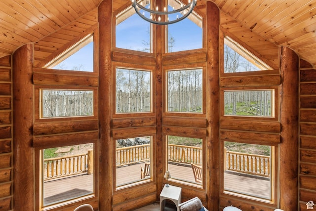 1085 Moose Hollow Rd, Robertson, WY 82944 - detailed view of rustic walls, a chandelier, and wooden ceiling