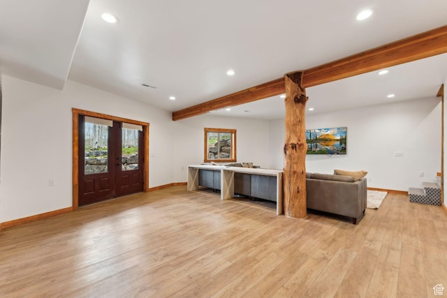 1085 Moose Hollow Rd, Robertson, WY 82944 - entrance foyer with recessed lighting, baseboards, light wood-type flooring, beamed ceiling, and french doors