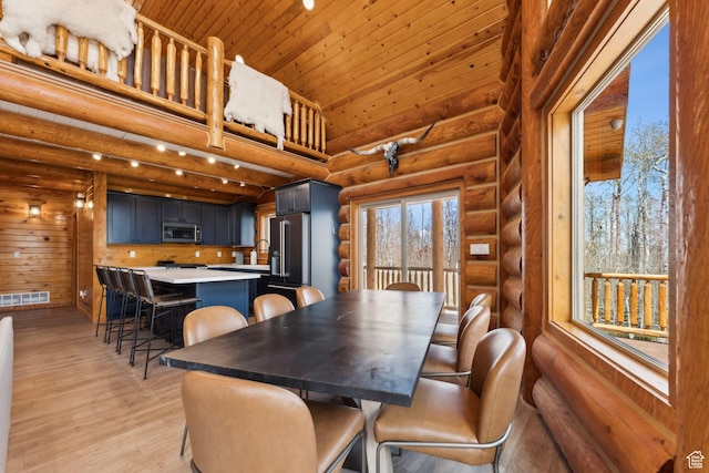 1085 Moose Hollow Rd, Robertson, WY 82944 - dining room with wooden ceiling, rustic walls, light wood-type flooring, and a high ceiling