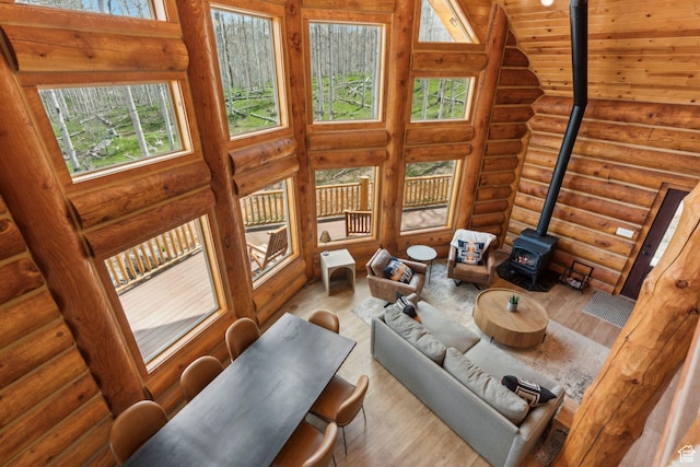 1085 Moose Hollow Rd, Robertson, WY 82944 - living area with a wood stove, rustic walls, wood finished floors, and wood ceiling