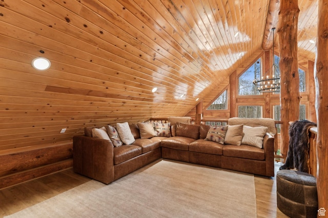 1085 Moose Hollow Rd, Robertson, WY 82944 - living area featuring wood ceiling, vaulted ceiling, light wood finished floors, and wood walls