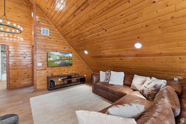1085 Moose Hollow Rd, Robertson, WY 82944 - living room with lofted ceiling, wooden ceiling, a chandelier, wood finished floors, and wood walls