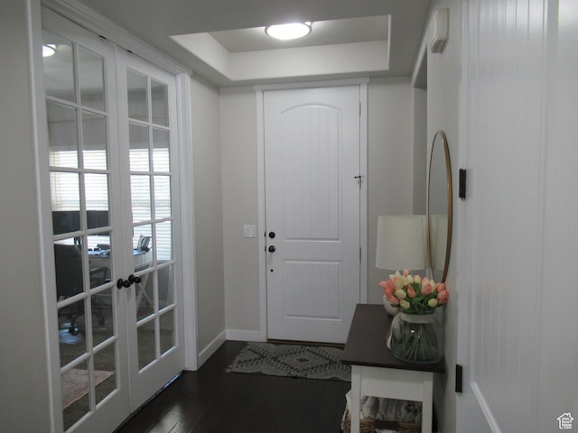 1377 Country Park Dr, Kaysville, UT 84037 - doorway to outside featuring baseboards, dark wood-type flooring, french doors, and a tray ceiling