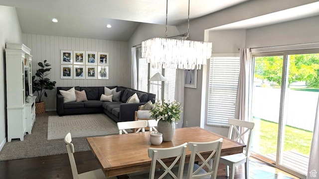 1377 Country Park Dr, Kaysville, UT 84037 - dining area featuring hardwood / wood-style flooring, vaulted ceiling, recessed lighting, a chandelier, and baseboards