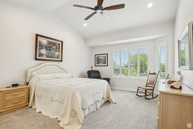 9451 S Peaceful View Way S, Jordan, UT 84095 - bedroom with light colored carpet, recessed lighting, baseboards, lofted ceiling, and ceiling fan