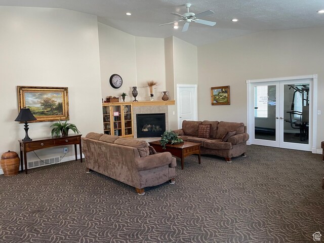 9451 S Peaceful View Way S, Jordan, UT 84095 - living area featuring dark carpet, ceiling fan, high vaulted ceiling, french doors, and baseboards
