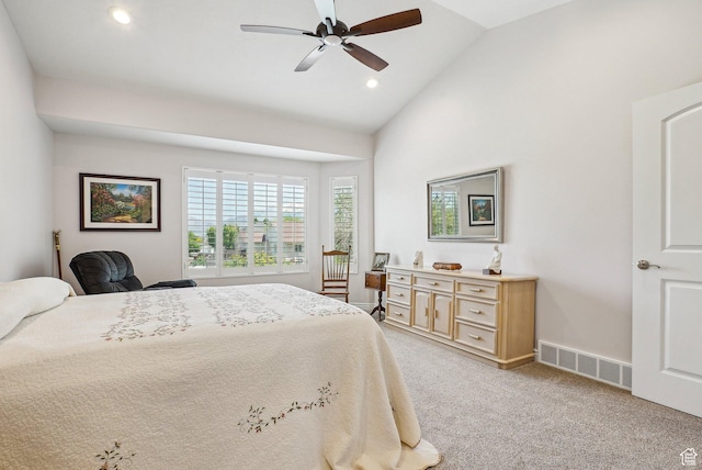 9451 S Peaceful View Way S, Jordan, UT 84095 - bedroom with light colored carpet, recessed lighting, a ceiling fan, and high vaulted ceiling